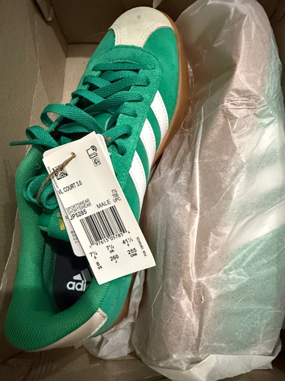 New (tiny spot, never worn) adidas Green Suede Court Sneakers with White Stripes